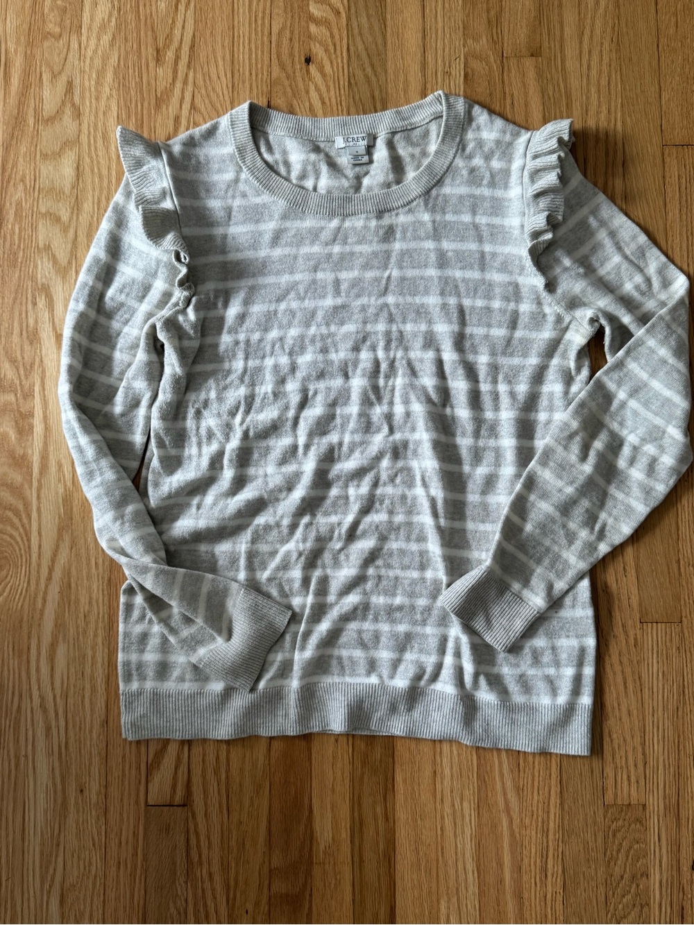 J. Crew Factory Light Gray & White Striped Ruffle Shoulder Sweater